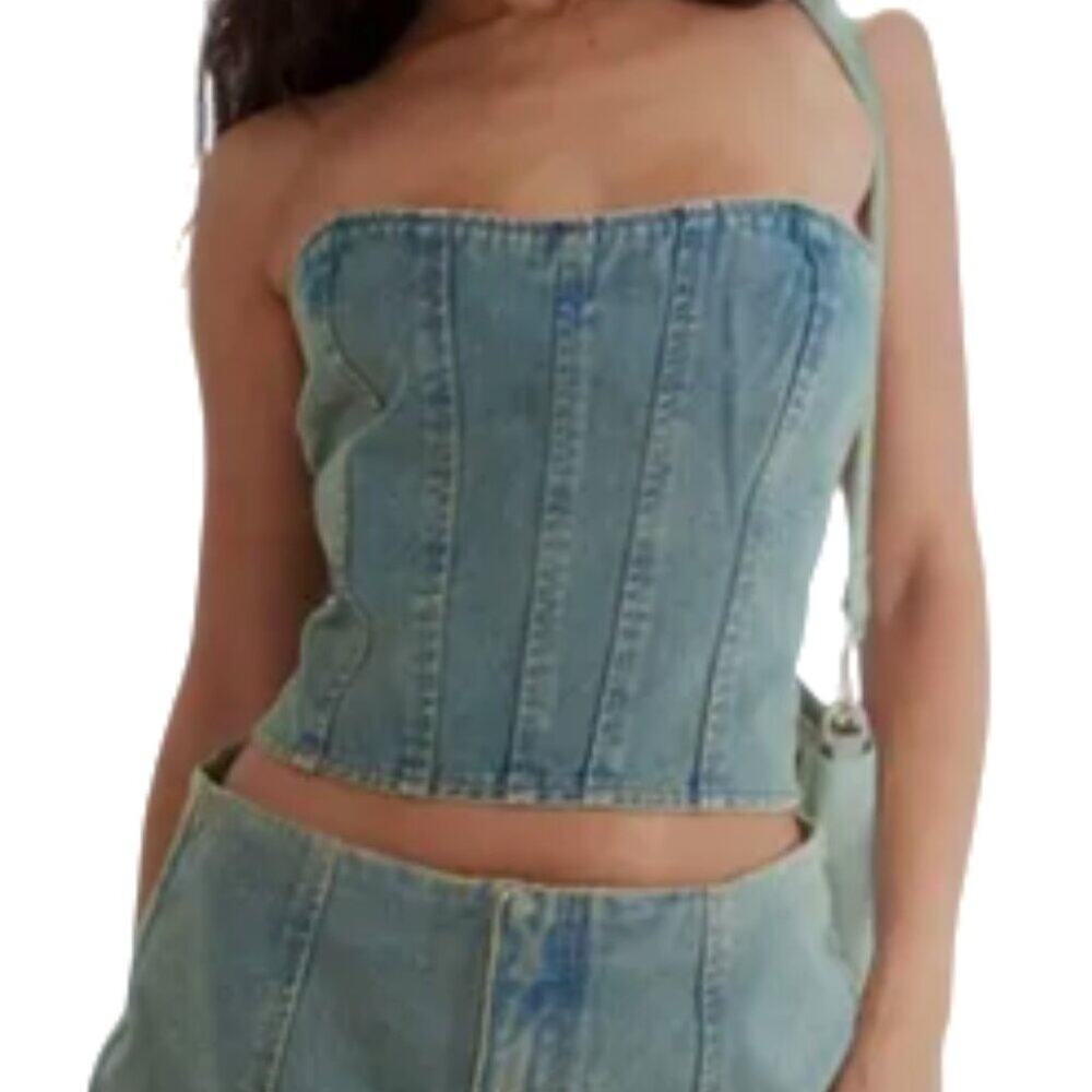 SALE PrettyLittleThing Petite VTG Bleach Wash Bandeau Denim Corset Top US 0 NWT